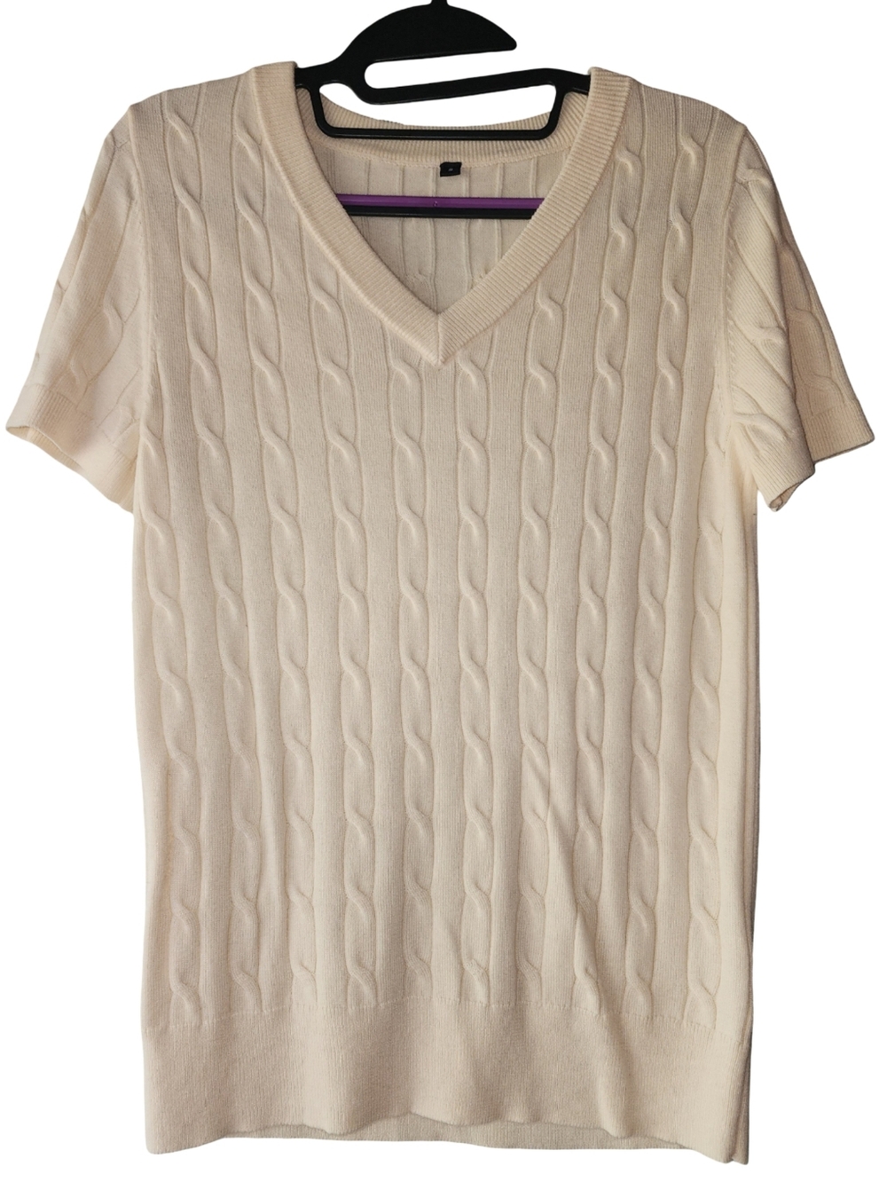 ARACH & CLOZ Short Sleeve Cable Knit Sweater Pale Yellow V-Neck Wool Blend- Sz S